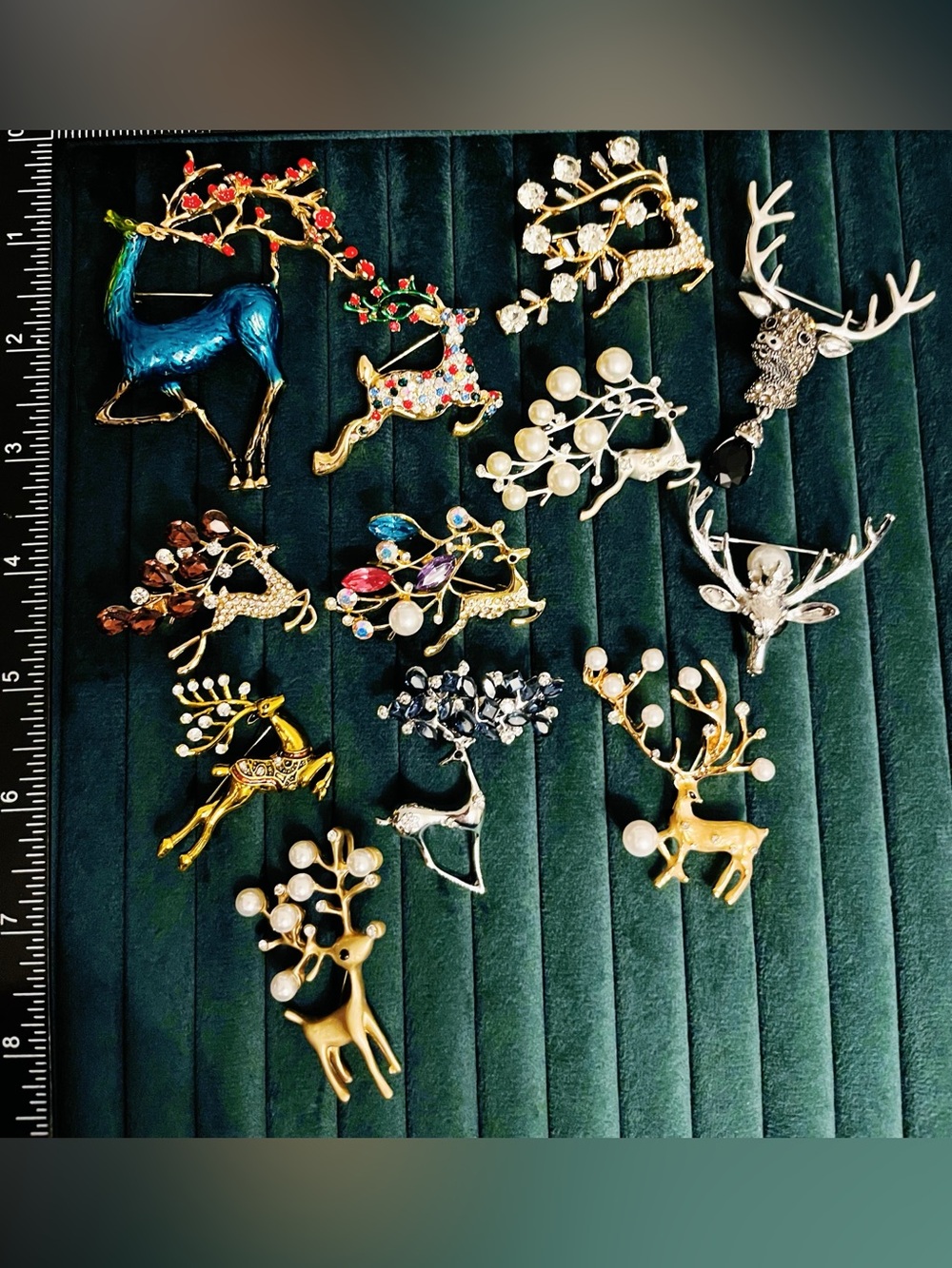 12 Pc Reindeer Deer Brooch Pin Lot Christmas Holiday Rhinestone Pearl Enamel
